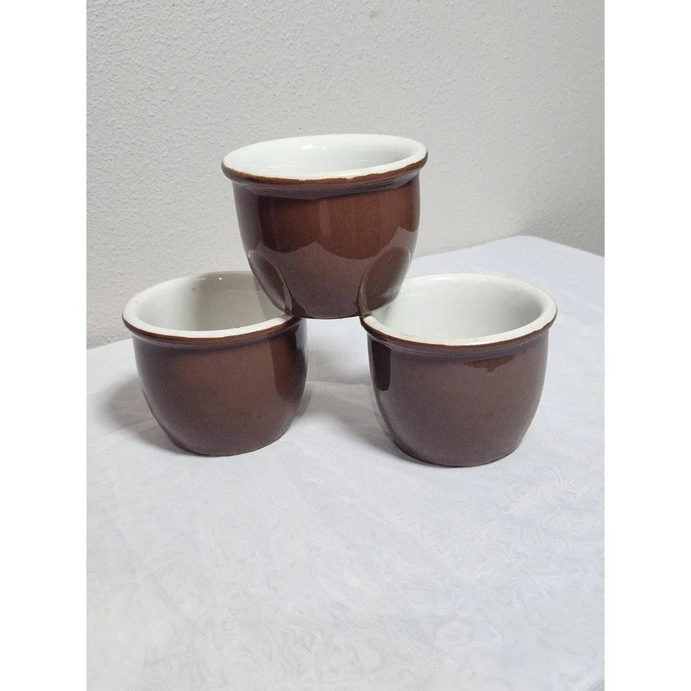 Vintage Hall China Brown White Custard Cups Ramekins Set of 3 Stoneware Bakeware